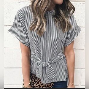 Express Black and White Short Sleeve Tie Front Blouse